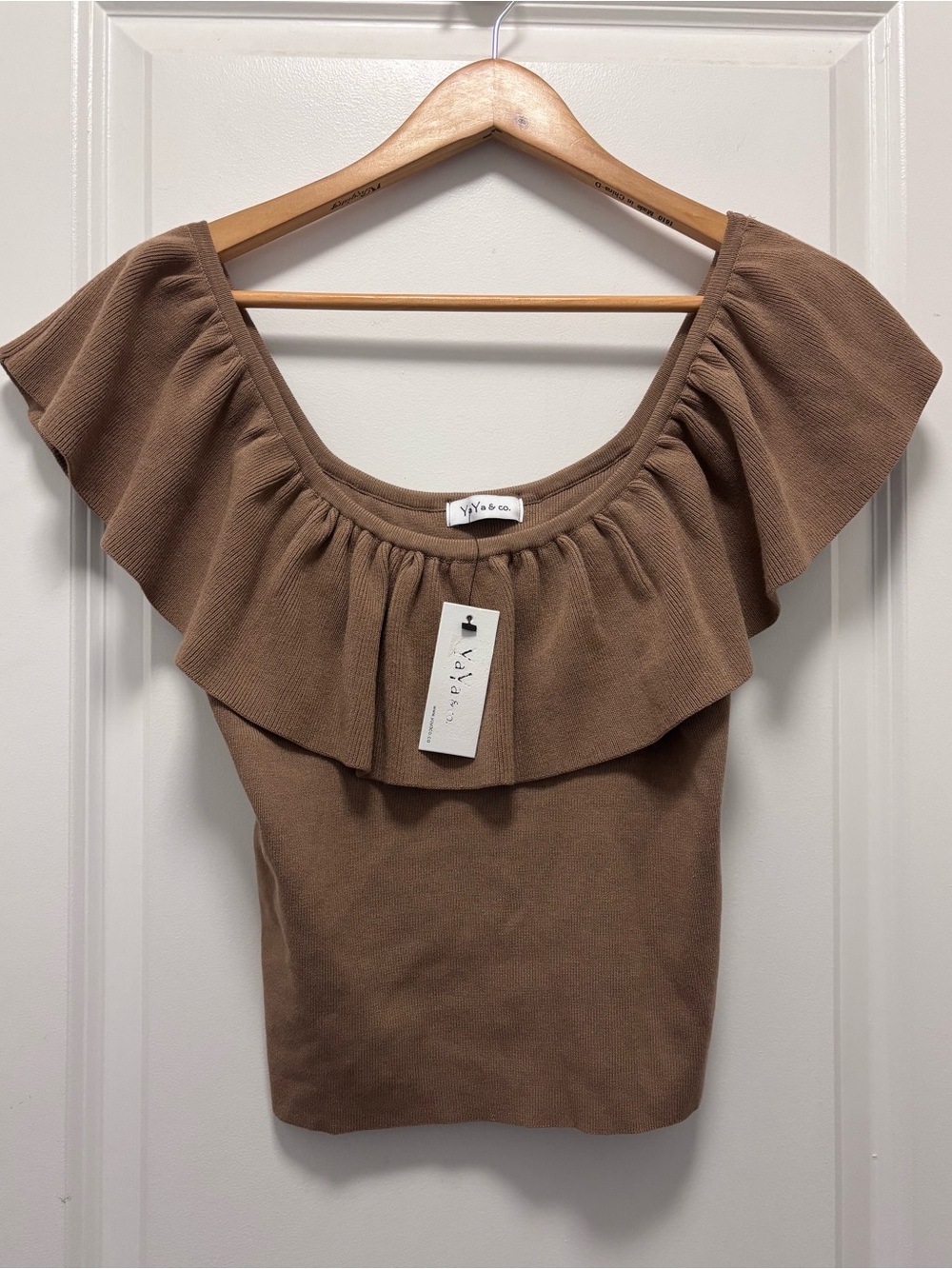Brown Ruffle Off-Shoulder Crop Top